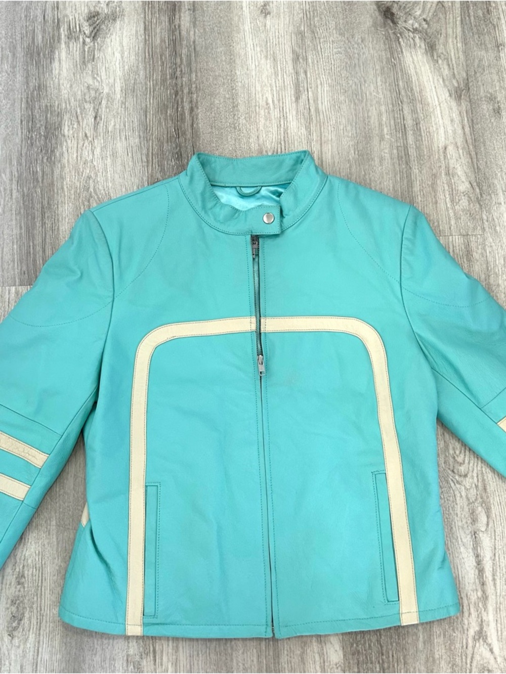 VINTAGE Wilsons Leather Maxima Jacket Womens M Blue Moto Striped Racing 90s - Picture 2 of 13